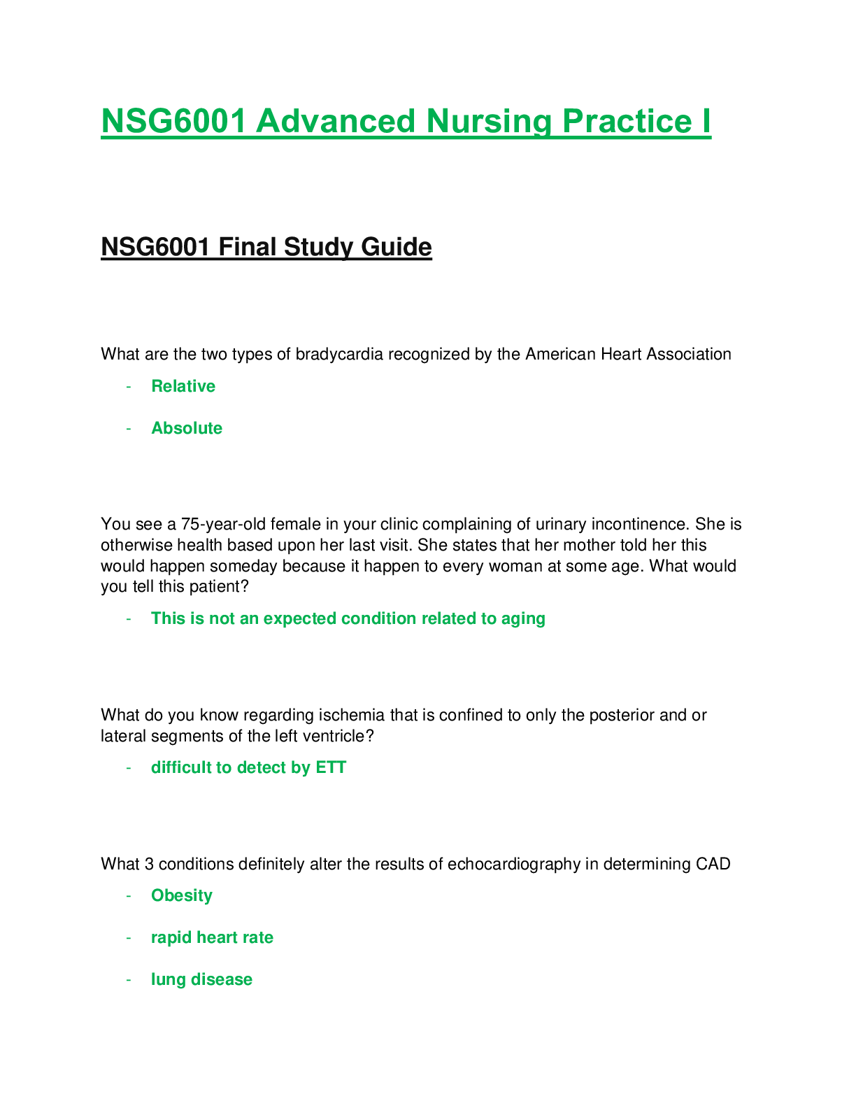 Preview of NSG6001 / NSG 6001: Advanced Nursing Practice I Final Study Guide Latest Update South Univ